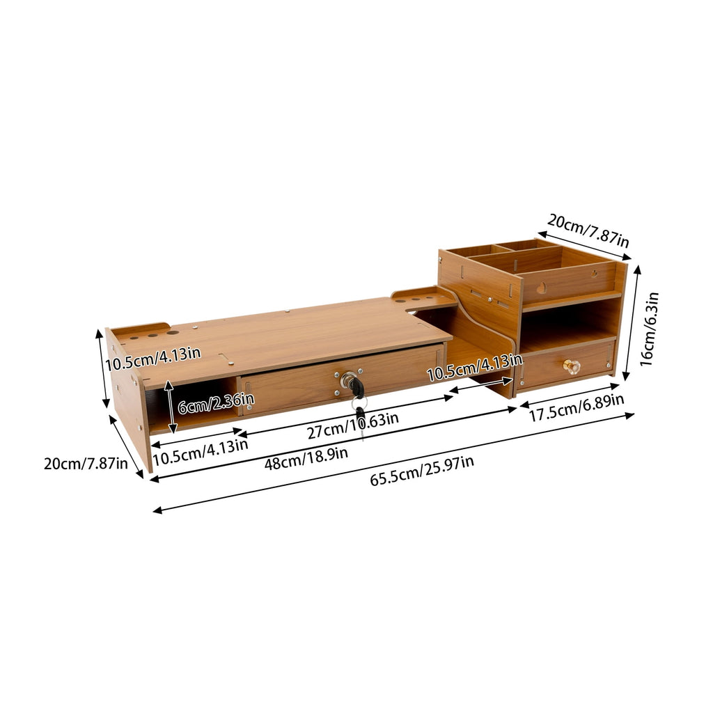 with Storage Cabinet Adjustable Laptop Riser Shelf & Lockable Drawer 2-in-1 Cherry Wood Desk Organizer - Image 2