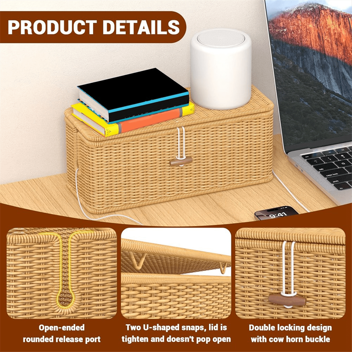 Cable Management Box, Power Strip Organizer with Locked Cover,Handmade Rattan Cords Hider,Cord - Image 5