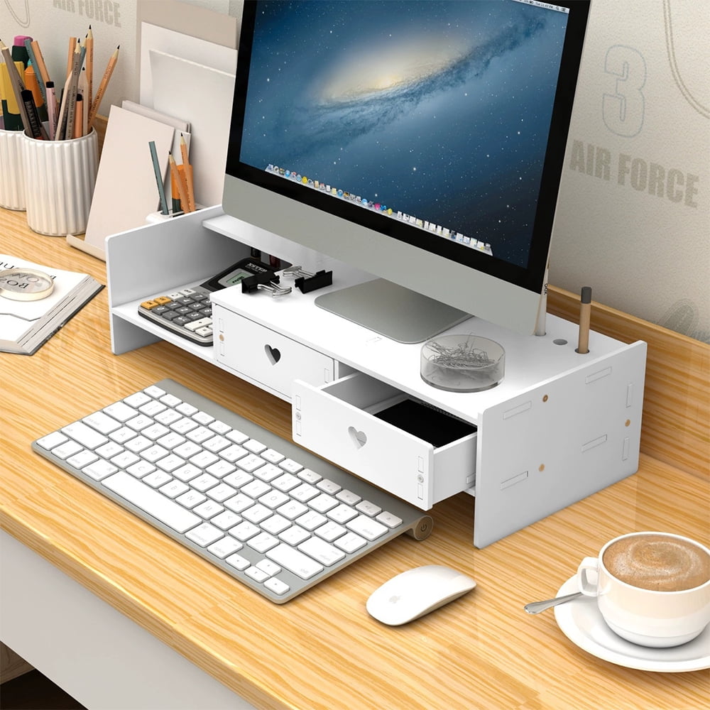Desk Monitor Stand Riser with Organizer Tray, Desktop Shelf with Two Drawer, White - Image 5