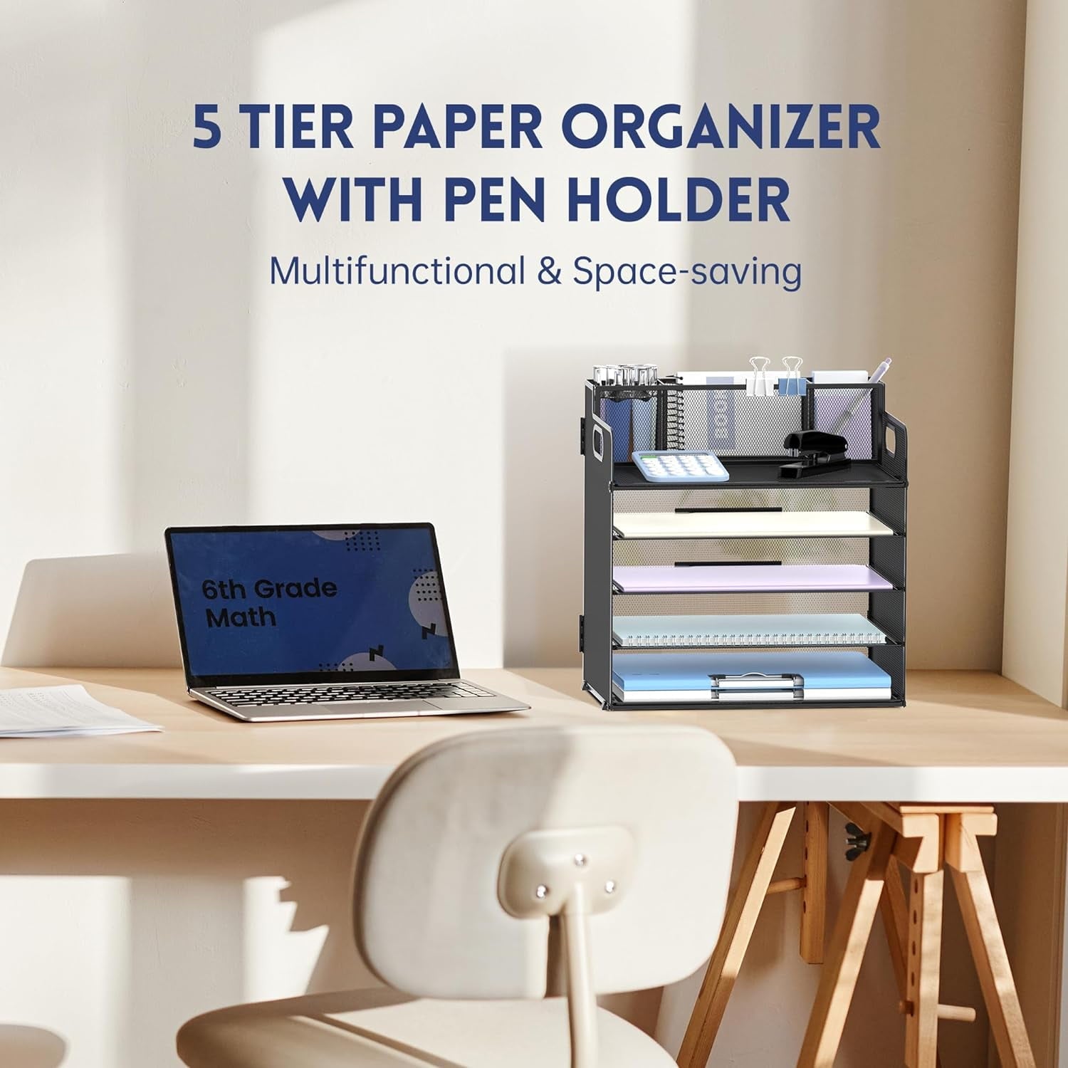 INTIGE 5 Trays Paper Organizer with 3 Pencil Holders-Letter Tray Desk Organzier with Handle (Black) - Image 2