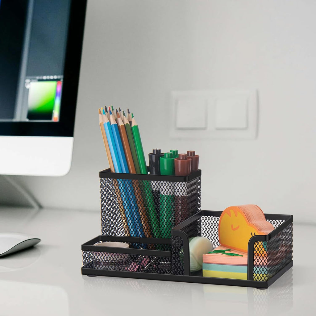 Black Mesh Pen Holder Desk Organizer, Office Supplies Pencil Storage with 3 Compartments - Image 2