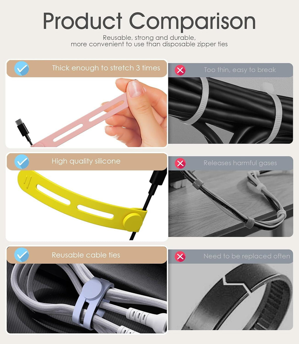 LQQBOX 35Pcs Reusable Cable Ties, Adjustable Silicone Cord Organizer Small Zip Ties for Charging Cords Earphone Computer Wire, Office Desk C - Image 4
