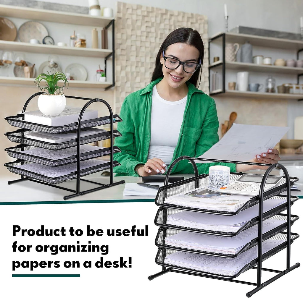 KABB Paper Organizers for Desk Mesh Letter File Tray Organizer with 4 Sliding Trays Black Stackable Desktop Document Storage Shelf Rack for - Image 3