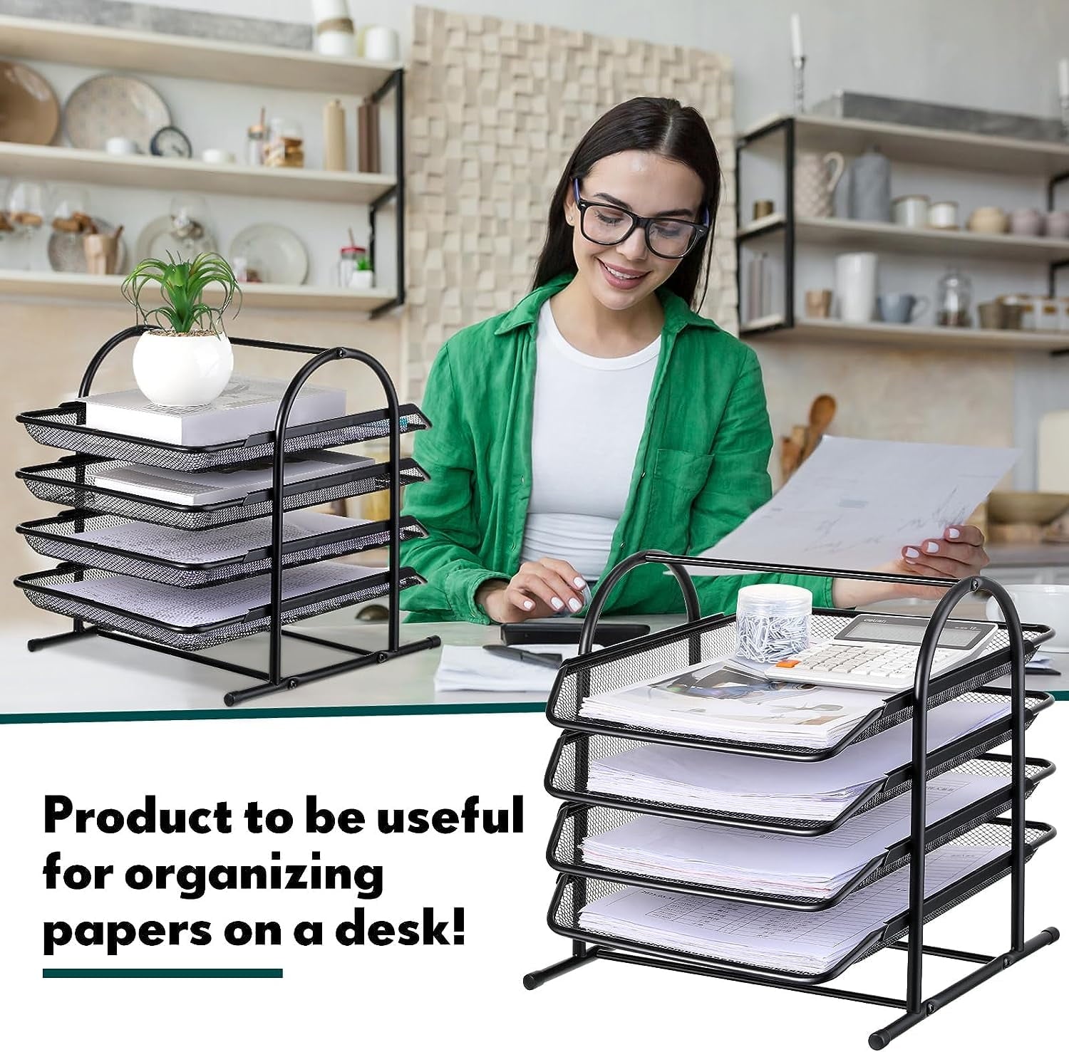 KABB Paper Organizers for Desk Mesh Letter File Tray Organizer with 4 Sliding Trays Black Stackable Desktop Document Storage Shelf Rack for - Image 3