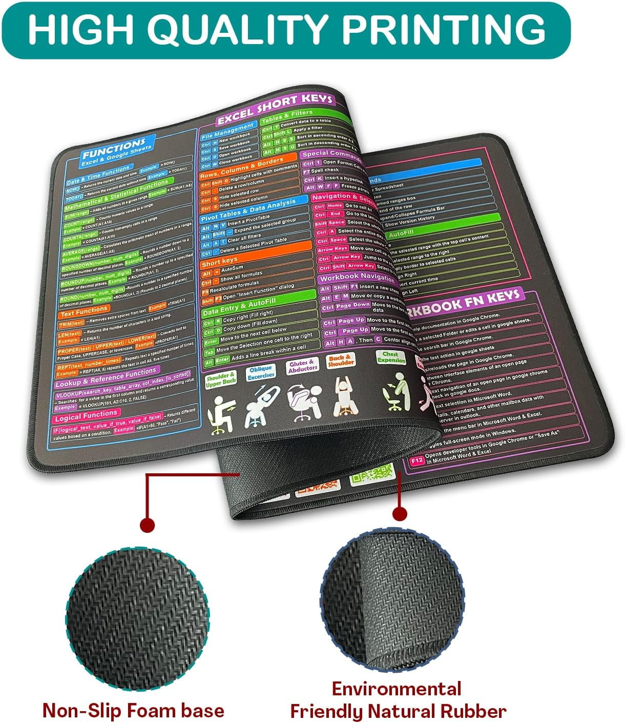 Lambock Excel Cheat Sheet Desk Pad & Mouse Pad 16 x 32 Excell Formulas Shortcut Mat for Keyboard and Mouse Neoprene XXL Desk Mat for Desktop - Image 4