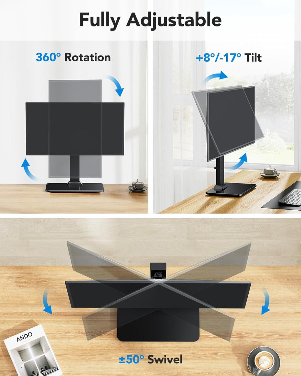 Mount for 13 to 34 Inch Screens, Holds up to 44lbs, 5 Height Options, Swivel Desk Riser With 360 Rotation, 75x75mm/10... - Image 4