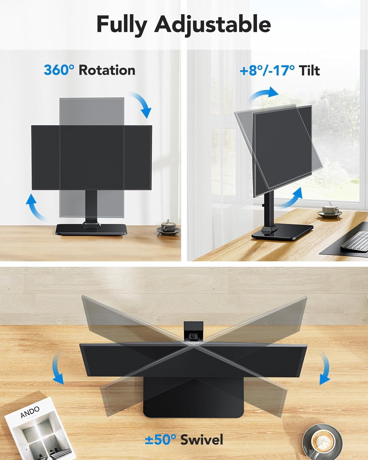 Mount for 13 to 34 Inch Screens, Holds up to 44lbs, 5 Height Options, Swivel Desk Riser With 360 Rotation, 75x75mm/10... - Image 4