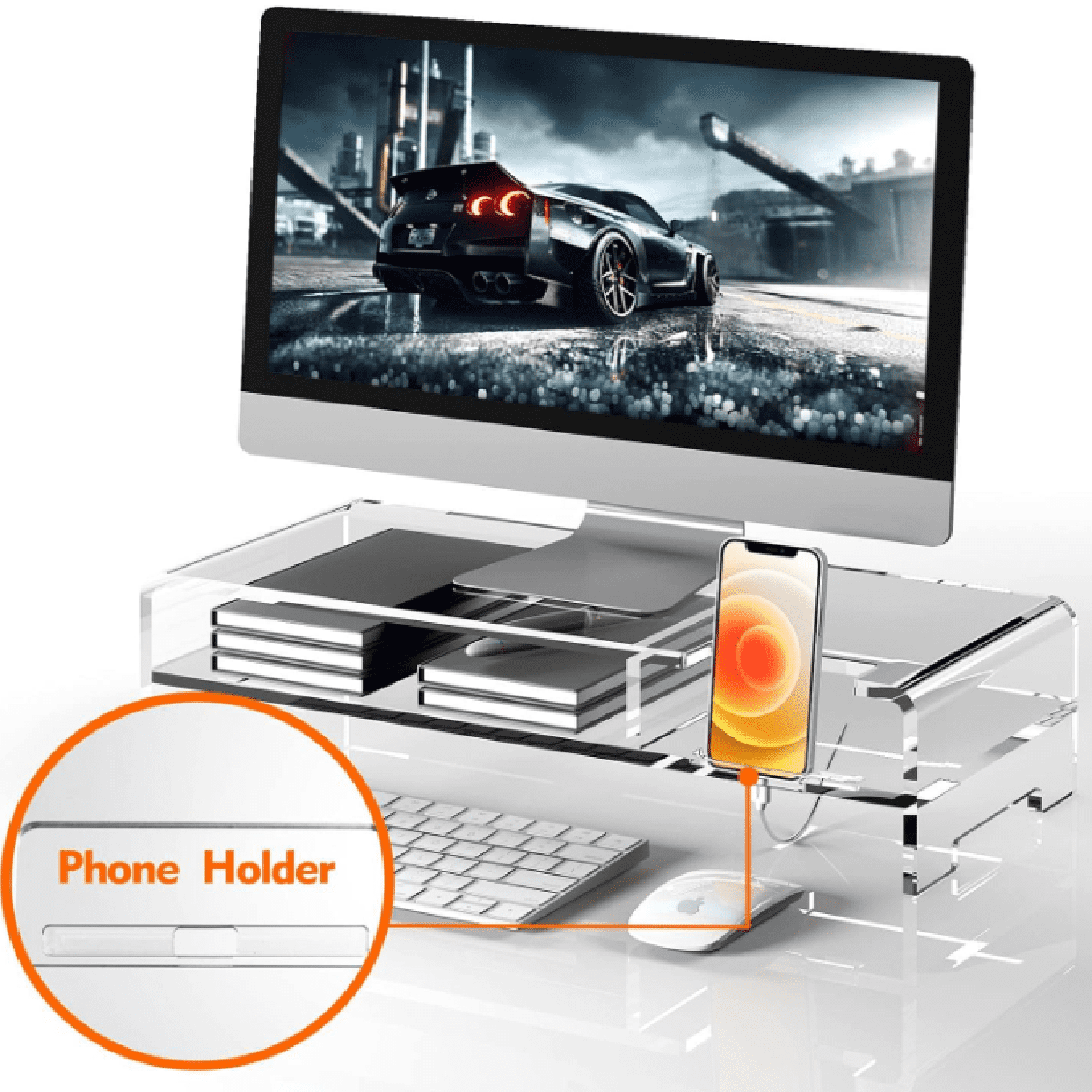 for Full Keyboard, 20" Wide 2-Tier Riser with Storage Shelf and Phone Holder, Desktop Organizer for Laptop, Printer, ... - Image 2