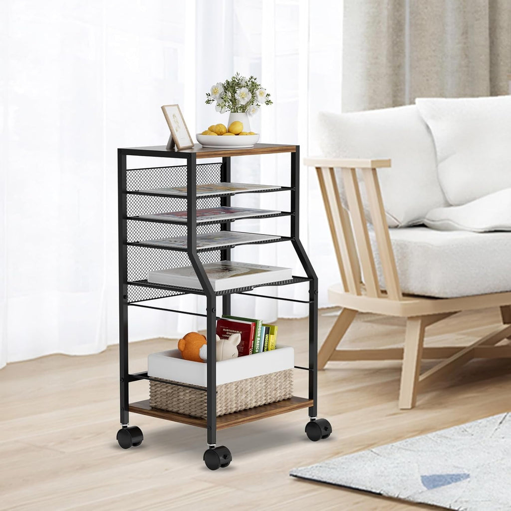 Rolling File Cart, 6 Tiers Under Desk Organizer on Wheels, Wood Planks and Mesh Cart with Hanging File Folders Rack and Paper Trays, Black - Image 5