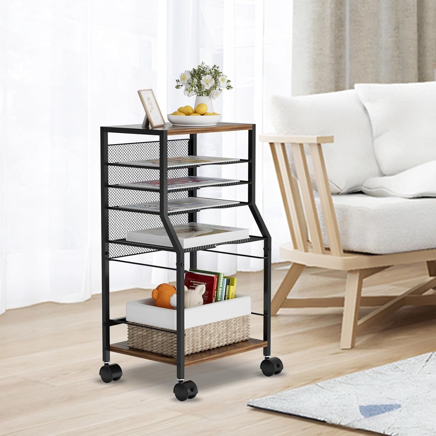 Rolling File Cart, 6 Tiers Under Desk Organizer on Wheels, Wood Planks and Mesh Cart with Hanging File Folders Rack and Paper Trays, Black - Image 5