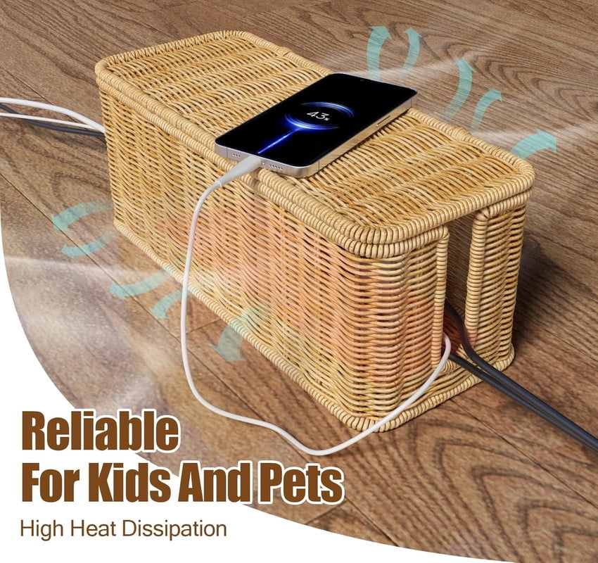 Handmade Cable Management Box, Durable Rattan Cable Organizer With Lid, 2 Open Slots Cords Hider Box, Under Desk Cord Organizer for TV Compu - Image 3