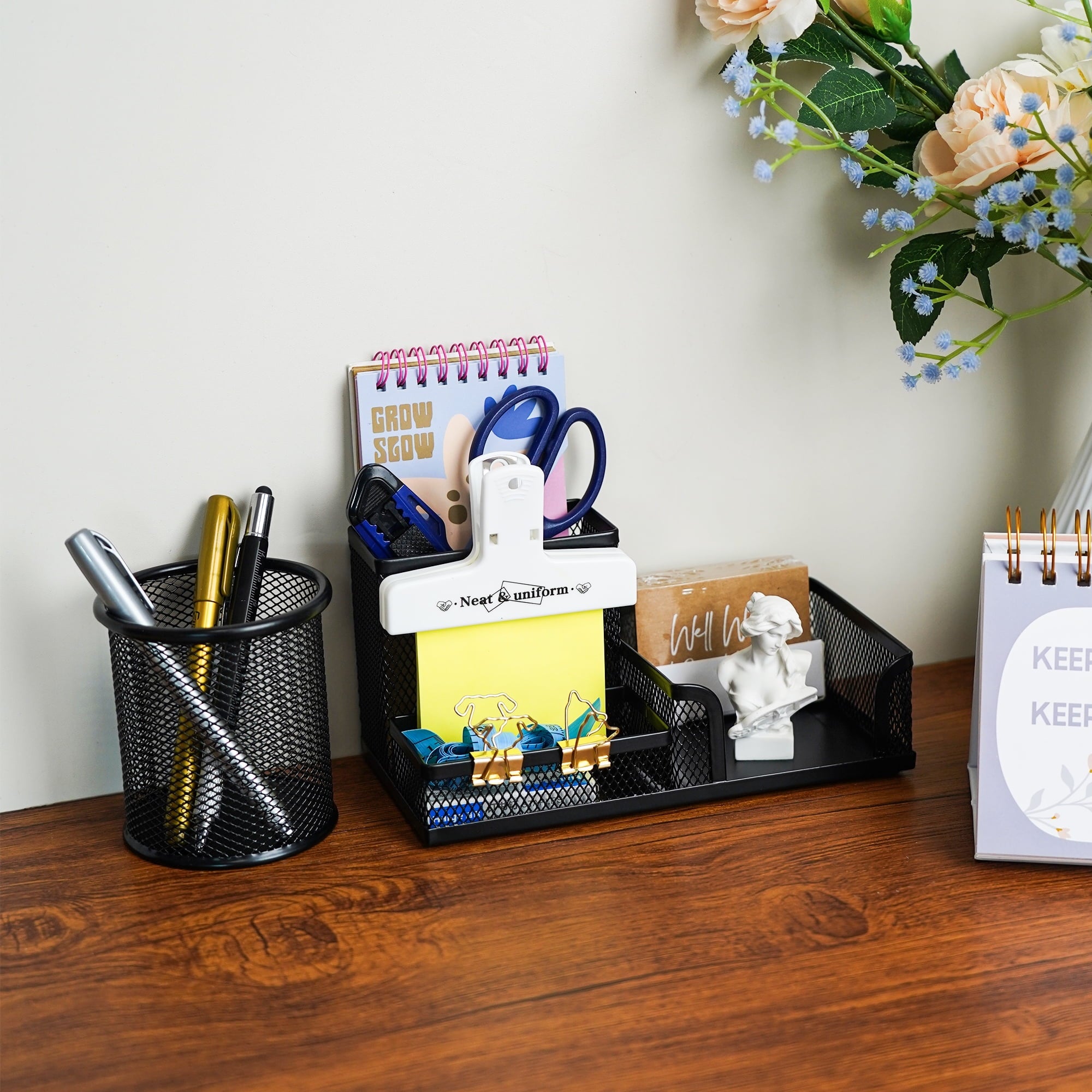 Mesh Pen Holder Desk Organizer with a Pencil Cup, 3 Compartmnets Desk Caddy, Helpful Sticky Note Holder and Paper Cli... - Image 5