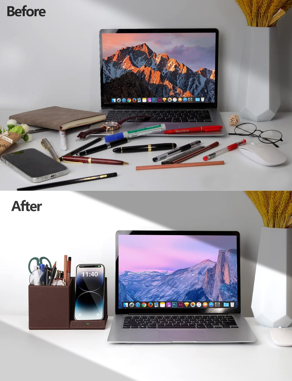 Desk Organizer with Wireless Charging for iPhone, PU Leather with Pencil Holder for Desk & Nightstand, Brown - Image 6