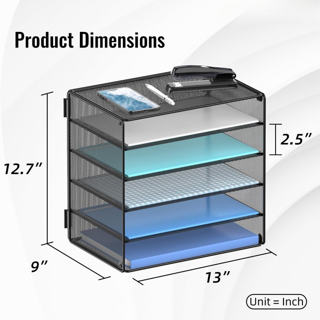 5 Tier Metal Desktop Organizer Tray, Desk Paper Organizer for Home Office, Black, 1 Pcs - Image 2