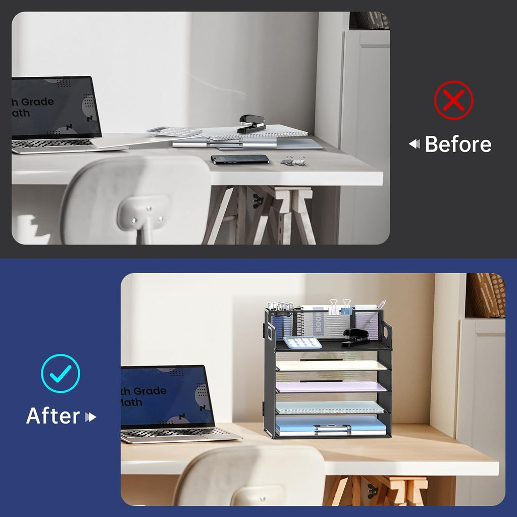 INTIGE 5 Trays Paper Organizer with 3 Pencil Holders-Letter Tray Desk Organzier with Handle (Black) - Image 5