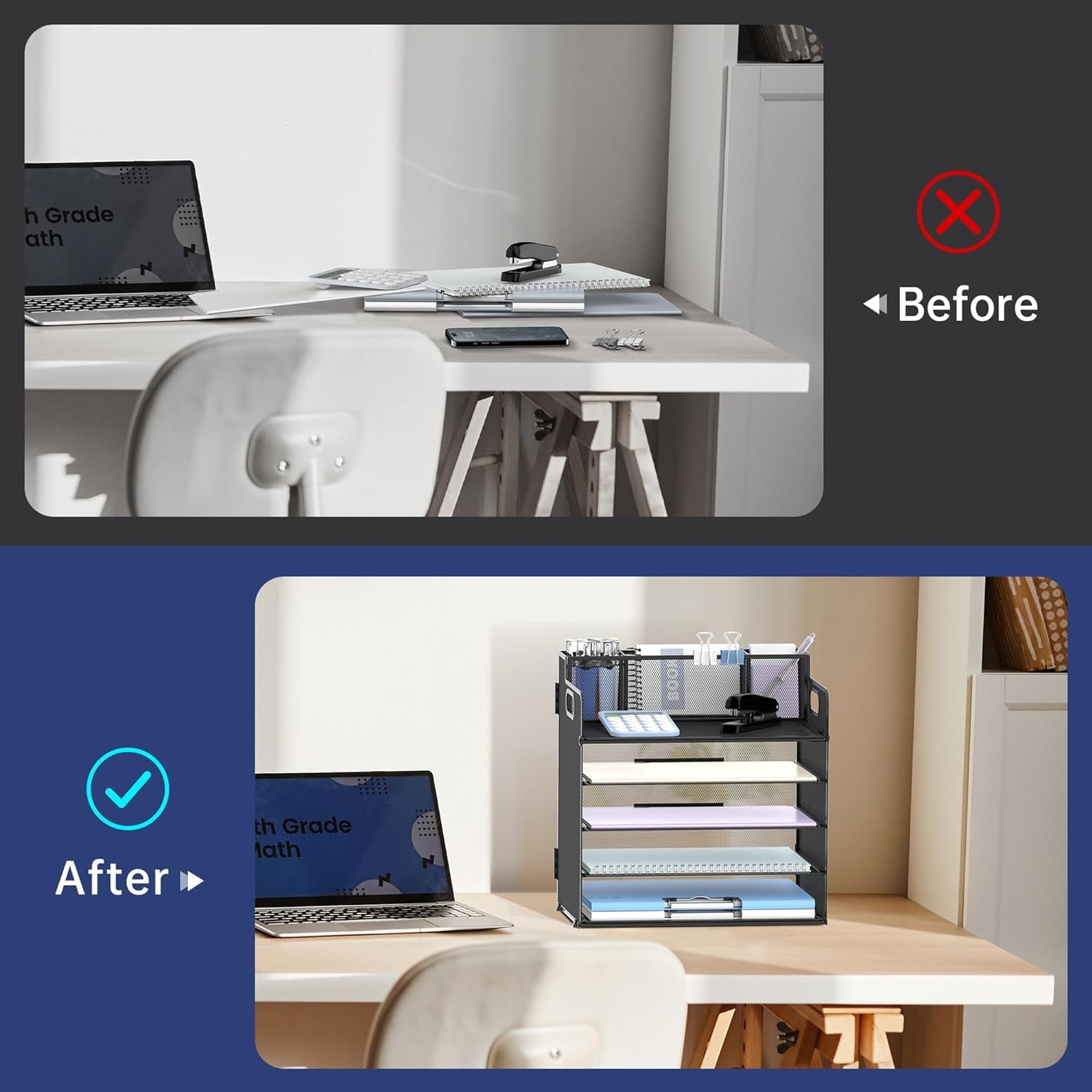 INTIGE 5 Trays Paper Organizer with 3 Pencil Holders-Letter Tray Desk Organzier with Handle (Black) - Image 5
