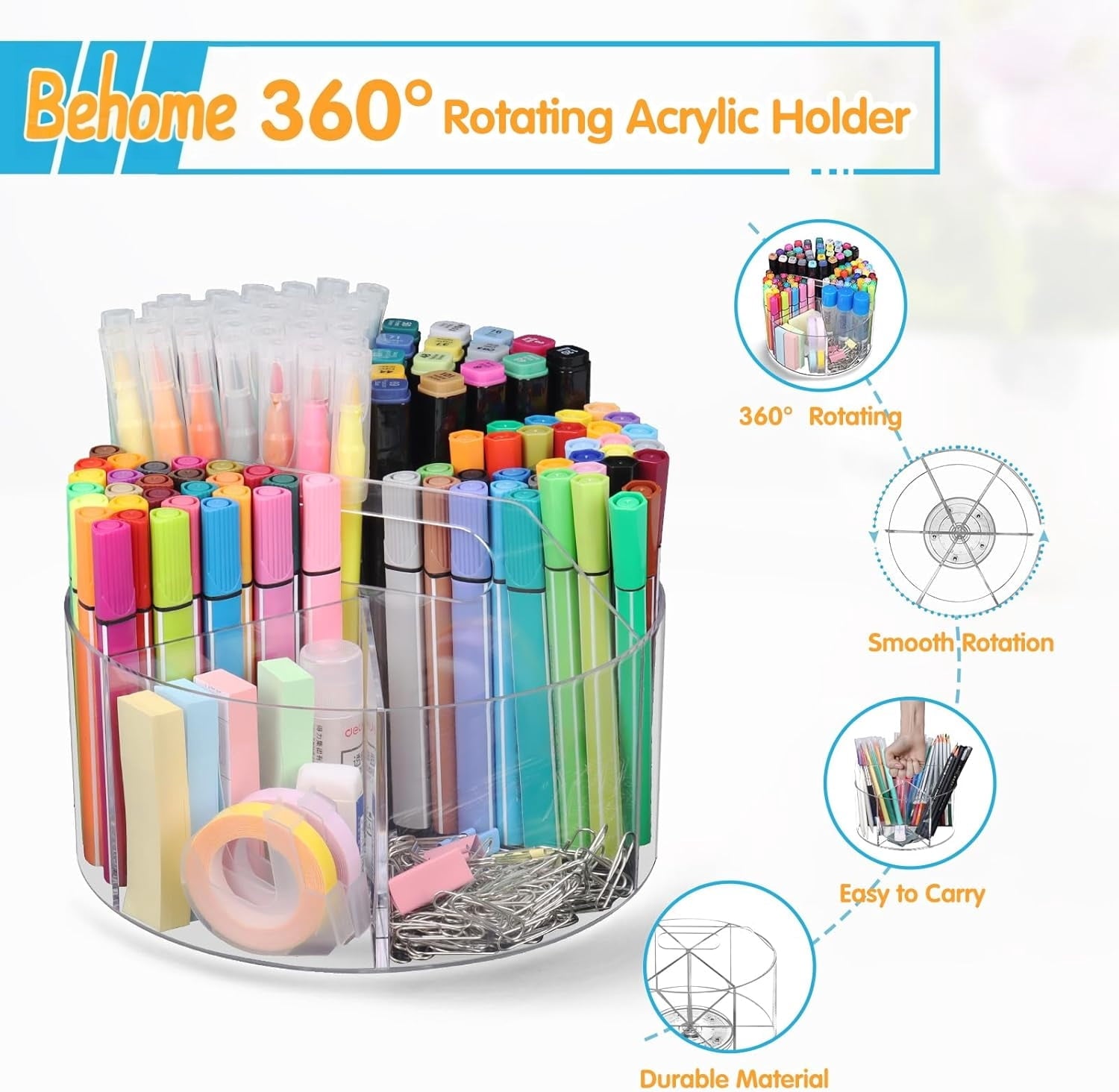 Behome Marker Organizer, 360-Degree Rotating Pencil Holder, Rotating Desk Acrylic Office Organizer with 6 Compartments, Art Supply Storage O - Image 2