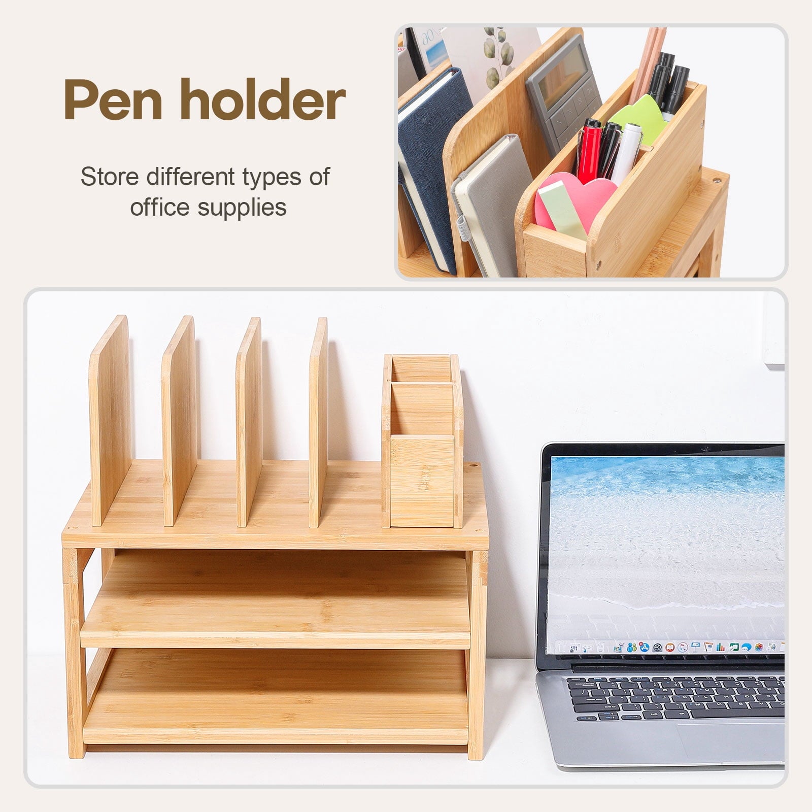 Bamboo Desk Organizer with File Holder & Adjustable Pen Holding, 3-Tier Desktop Letter Paper Tray Storage - Image 3