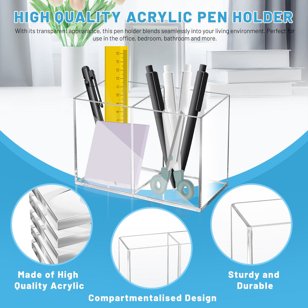 2Pcs Acrylic Pen Holder for Desk, 2 Compartments Clear Makeup Brush Holder Organizer, Pen Cup for Pencil Marker - Image 3