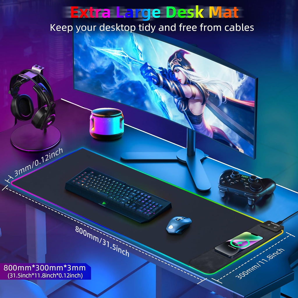 Mouse Pad with Wireless Charging, 15W RGB Gaming Mousepad with 9 Light, LED Large Desk Mat with Waterproof Non-Slip R... - Image 6