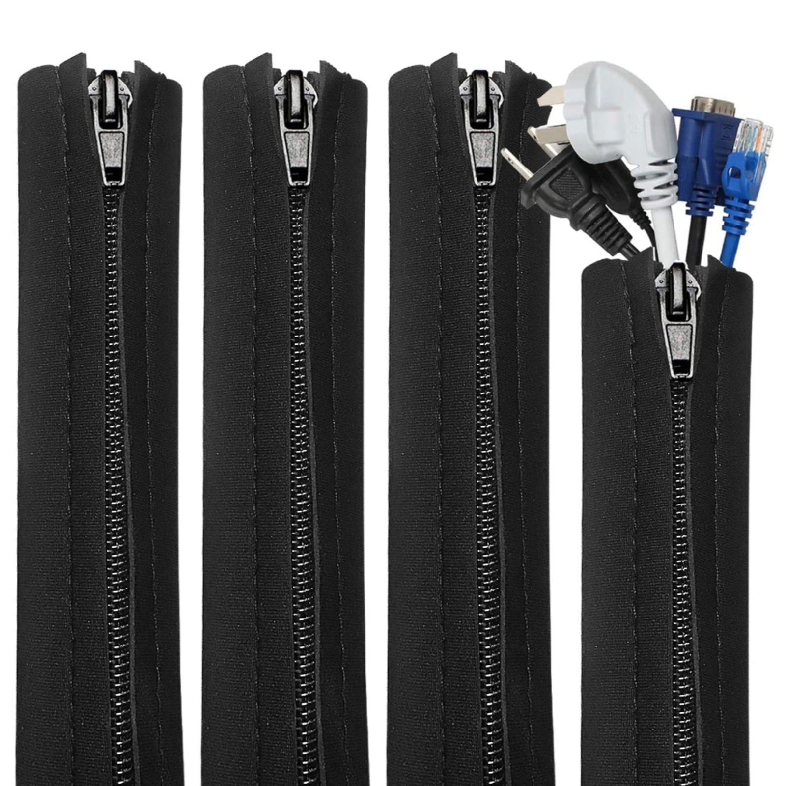 4 PCS Zipper Cable Organizer Sleeves, Cable Management Sleeve for TV and Computer Cords, Black Polyester, Reliable an...