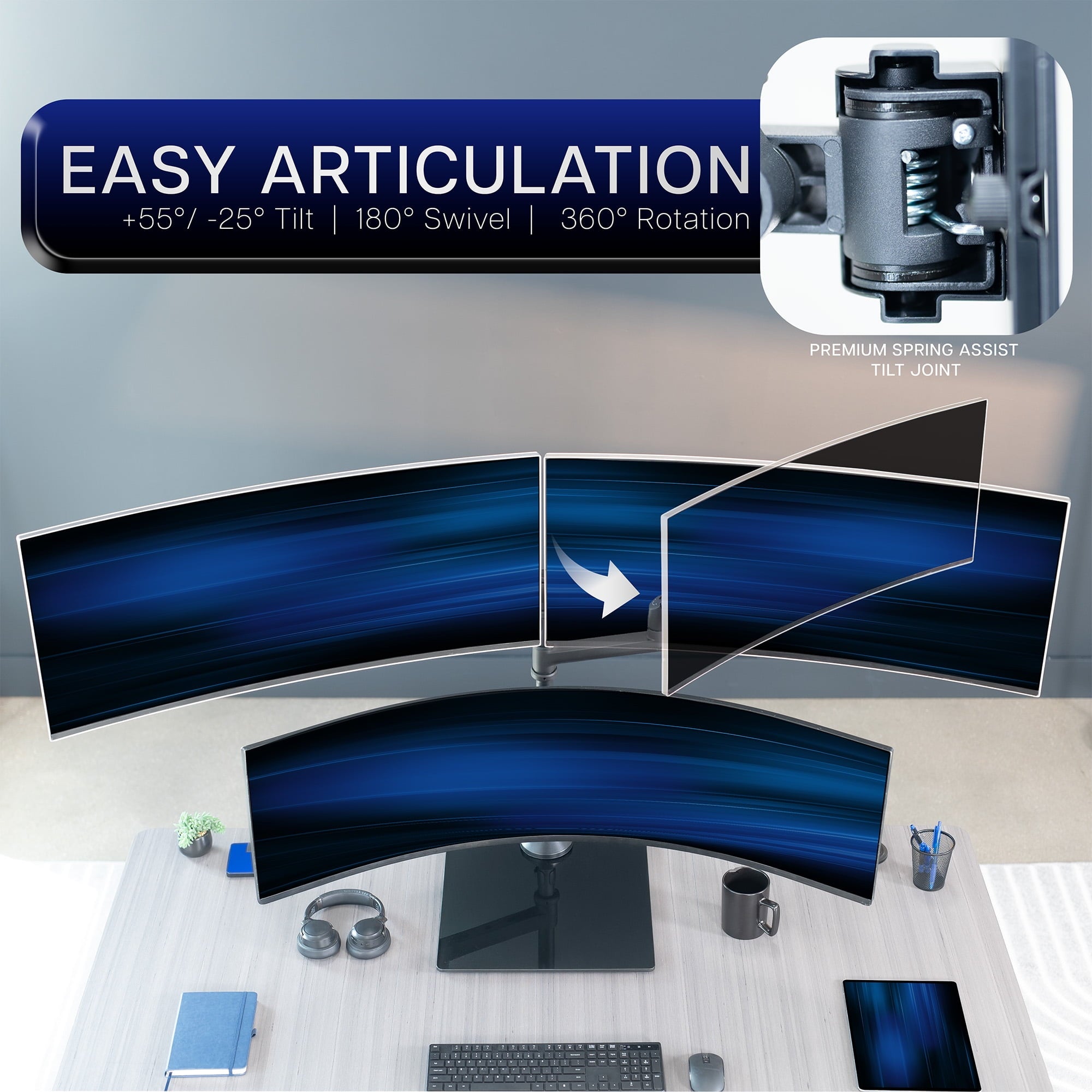 Pneumatic Triple Ultrawide Monitor Desk Stand, Up to 49 inch Computer Screens - Image 5