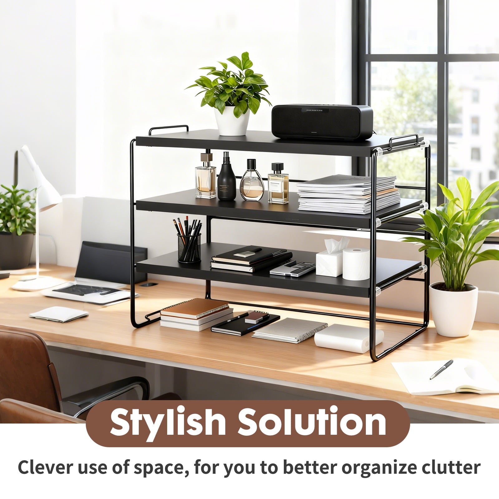 YOYTOO Desk Shelf Organizer, 3 Tier Desktop Organizers Storage Shelves Tabletop Bookshelf for Home Office, Black - Image 3