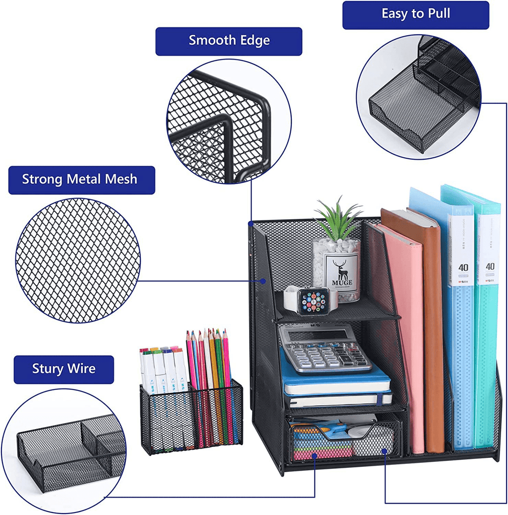 Marbrasse Desk Organizer with File Holder, 3-Tier Paper Letter Tray Organizer with Drawer and Pen Holder, Mesh Deskto... - Image 5
