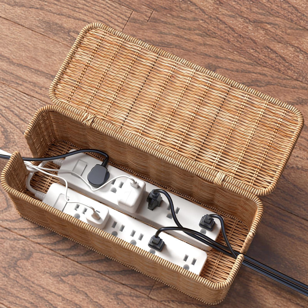 Rattan Cable Management Box Handwoven Cord Organizer Basket with 2 Slots Power Cords Hidden Box - Image 4