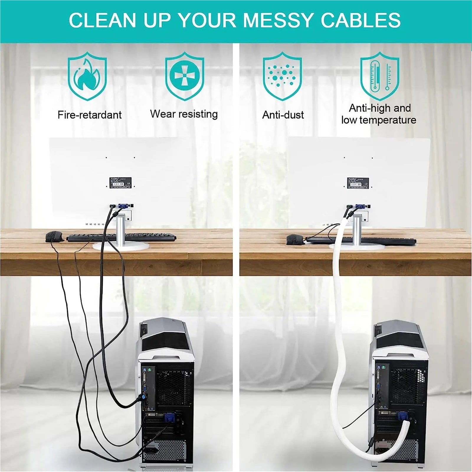 White Cable Sleeve, Cable Organizer For Desk PC TV Computer, Wire Protector Cable Wrap Cover, Cord Management F - Image 3