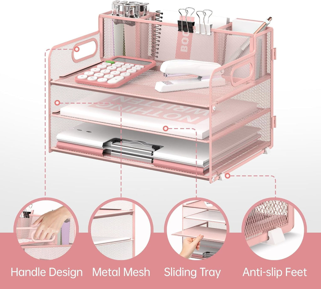 3 Metal Mesh Desk Organizer with 3 Pen Holders and Handle, Paper Organizer, Pink, 1 Pcs - Image 4