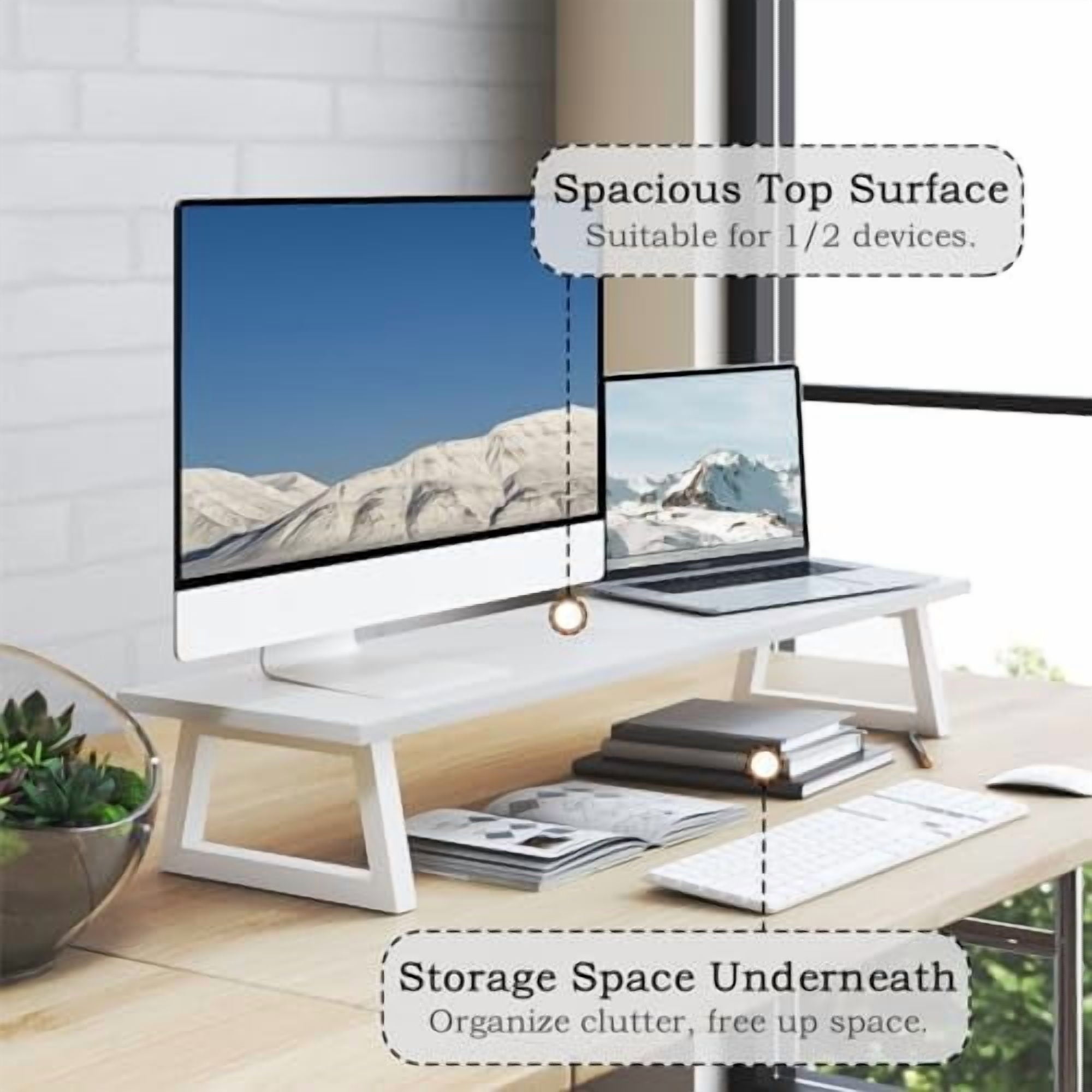 White Dual Monitor Riser - 31.5 inch Wide TV Stand for 2 Monitors - Wood & Steel Desktop Riser for Dual Screen Office Desk Organization - Image 2