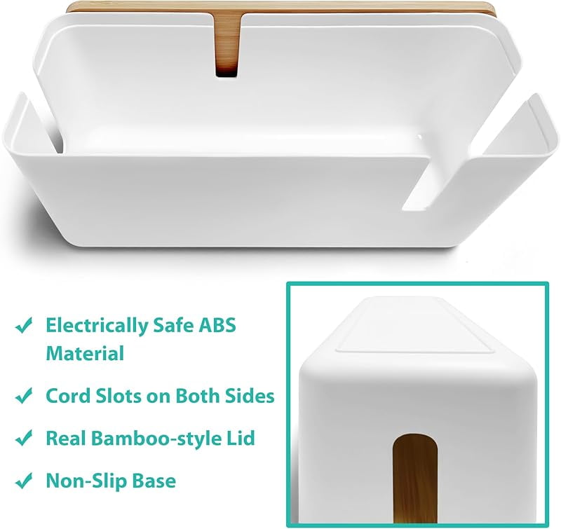 Cable Management Box with Bamboo Lid, White Cable Box Small Cord Hider Box Cord Organizer Box to Conceal Surge Protec... - Image 5