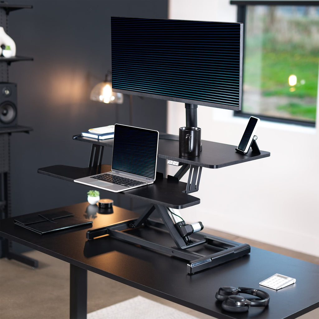 Black Electric 36" Standing Desk Monitor Riser, Dual Arm Sit Stand Tabletop - Image 2