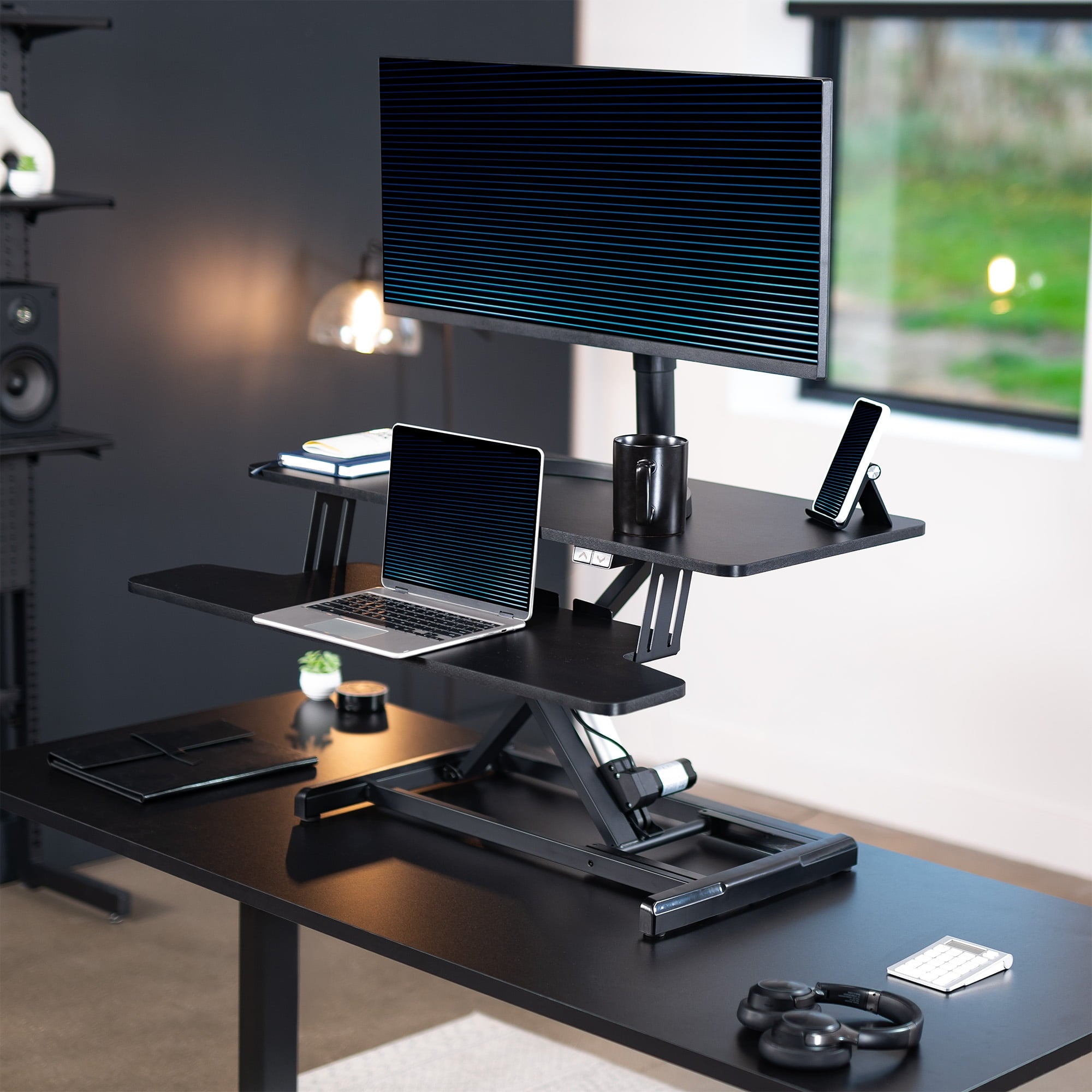 Black Electric 36" Standing Desk Monitor Riser, Dual Arm Sit Stand Tabletop - Image 2