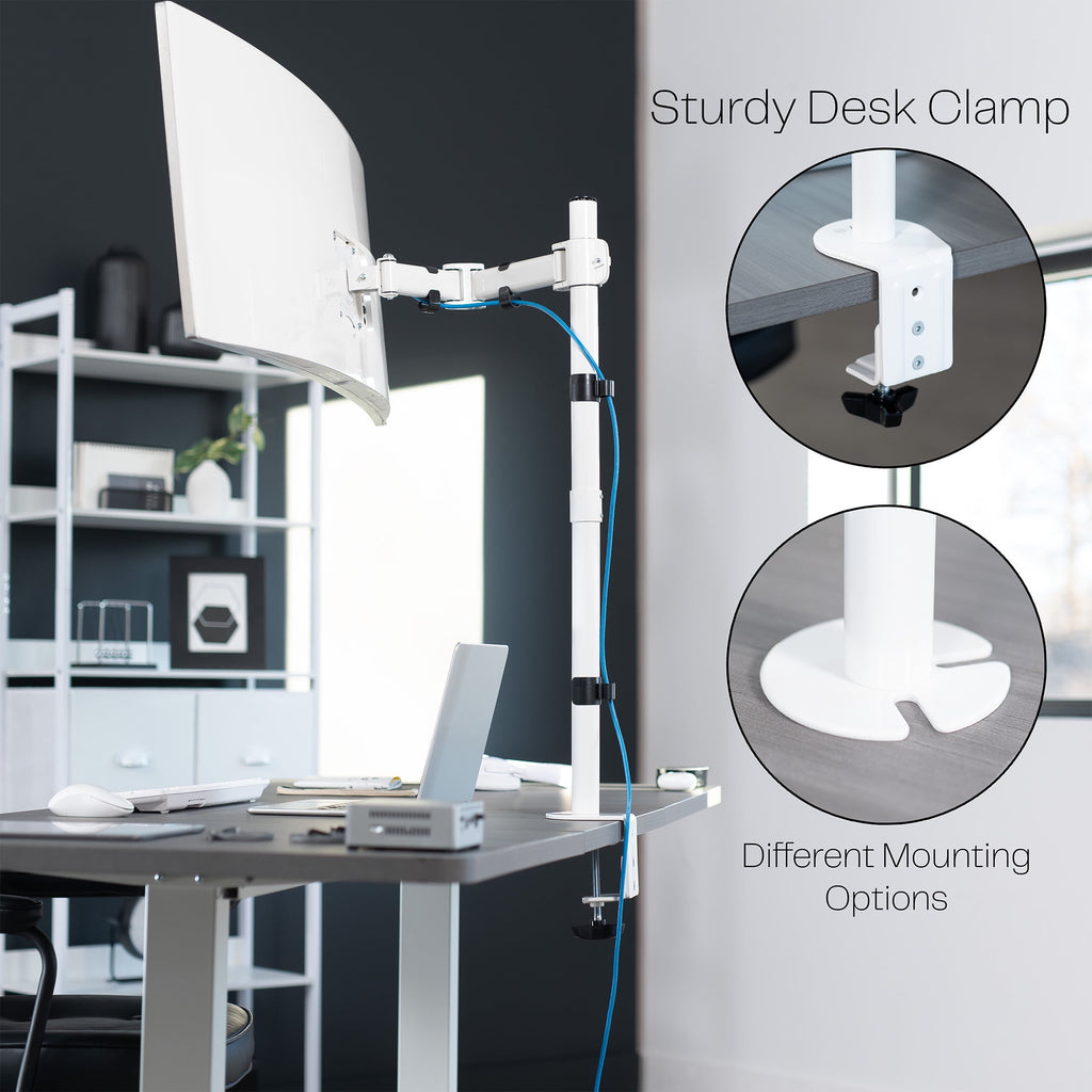 White Single Monitor Desk Mount Extra Tall Adjustable Stand for up to 32" Screen - Image 5