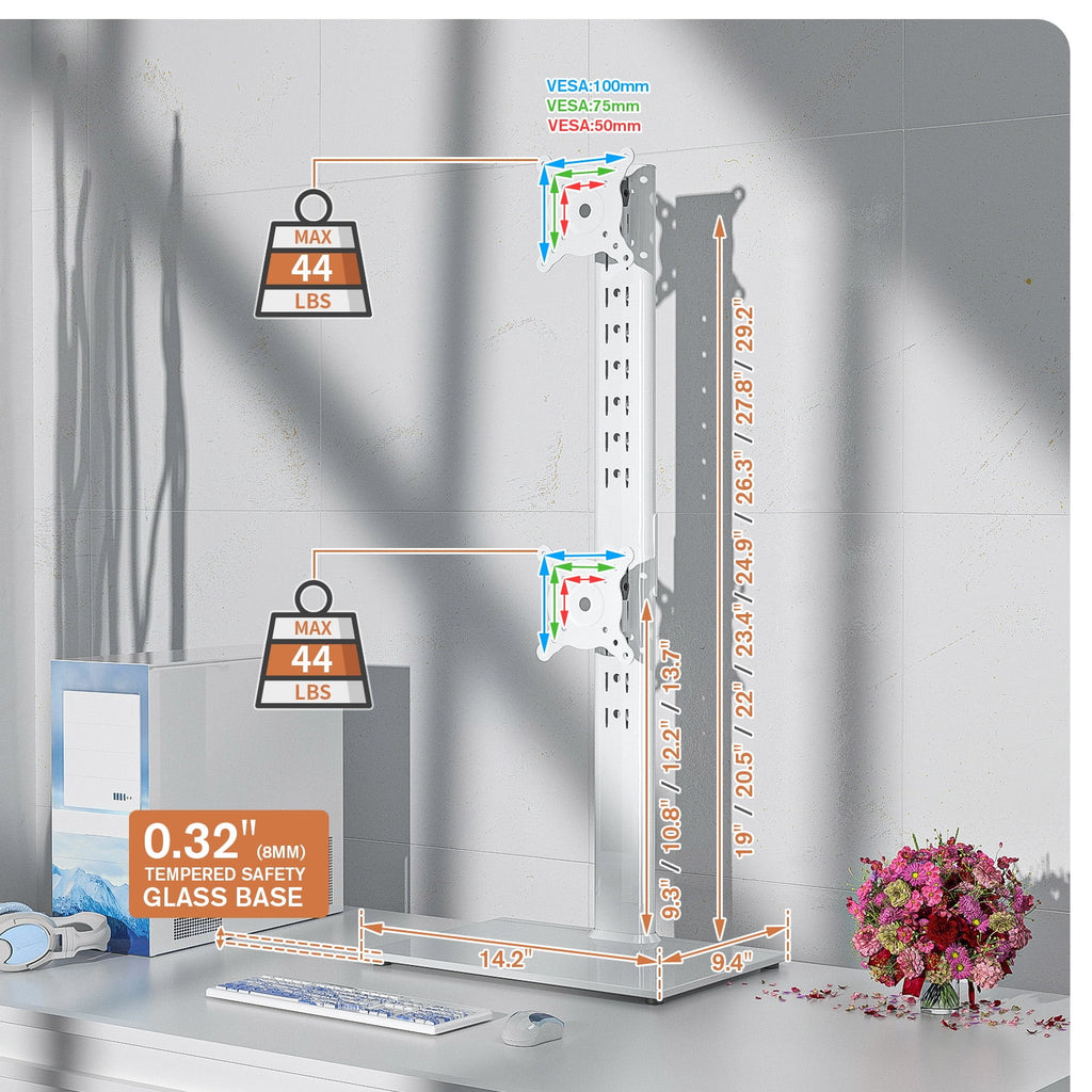 Dual Monitor Stand - Vertical Stack Screen Free-Standing Monitor Riser Fits Two 13 to 34 Inch Screen with Swivel, Tilt, Height Adjustable, H - Image 6