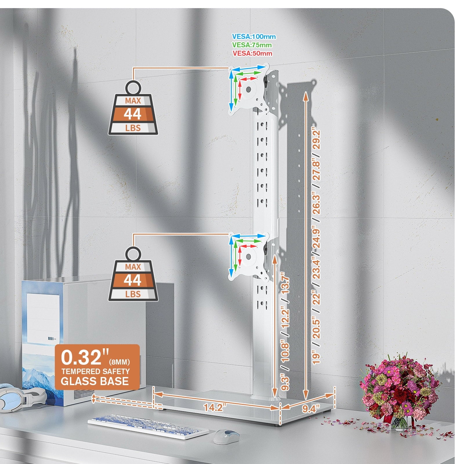 Dual Monitor Stand - Vertical Stack Screen Free-Standing Monitor Riser Fits Two 13 to 34 Inch Screen with Swivel, Tilt, Height Adjustable, H - Image 6