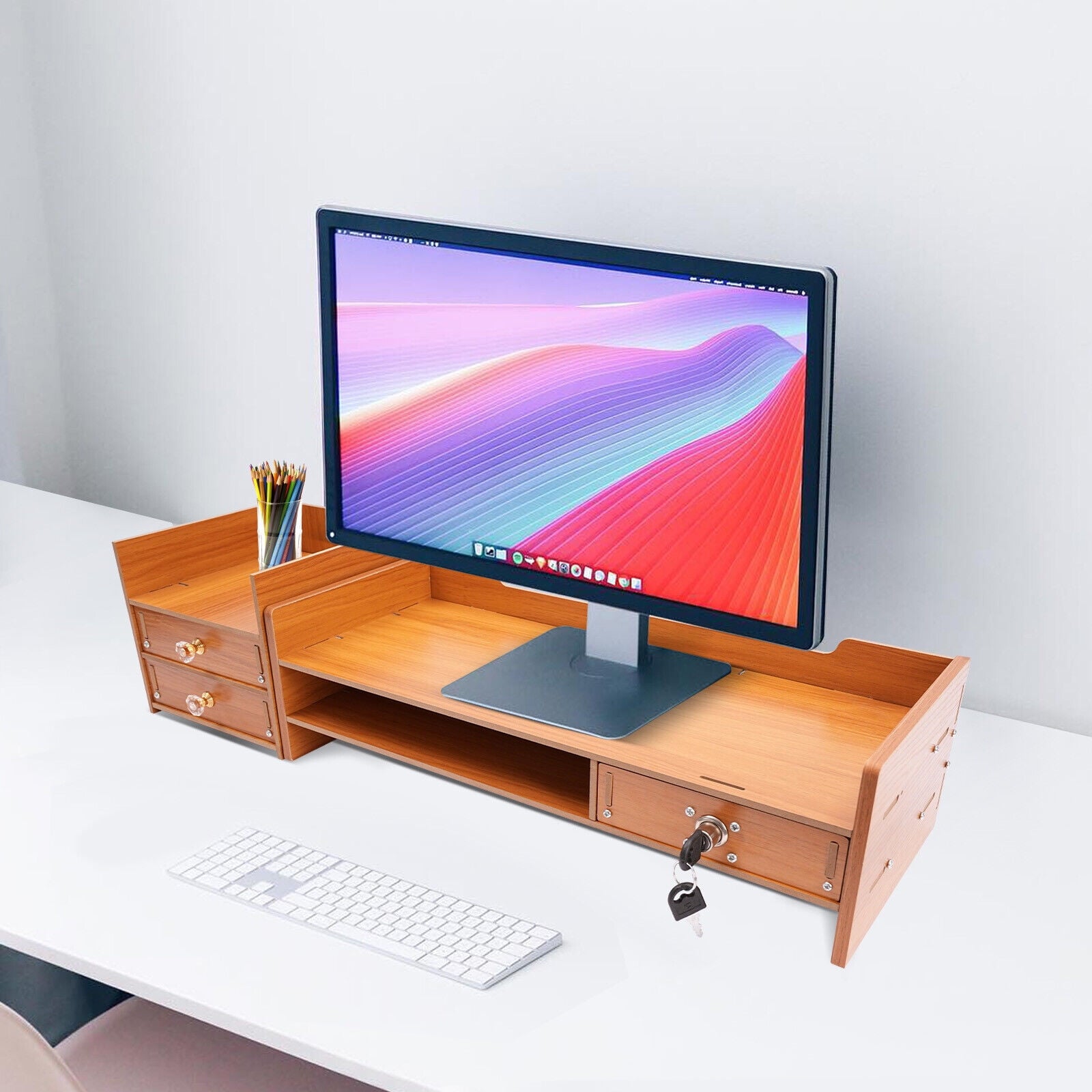 Stand with 3 Drawers Wooden Desk Organizer with Drawers Supplies Tabletop Desktop with Phone Holder - Image 6