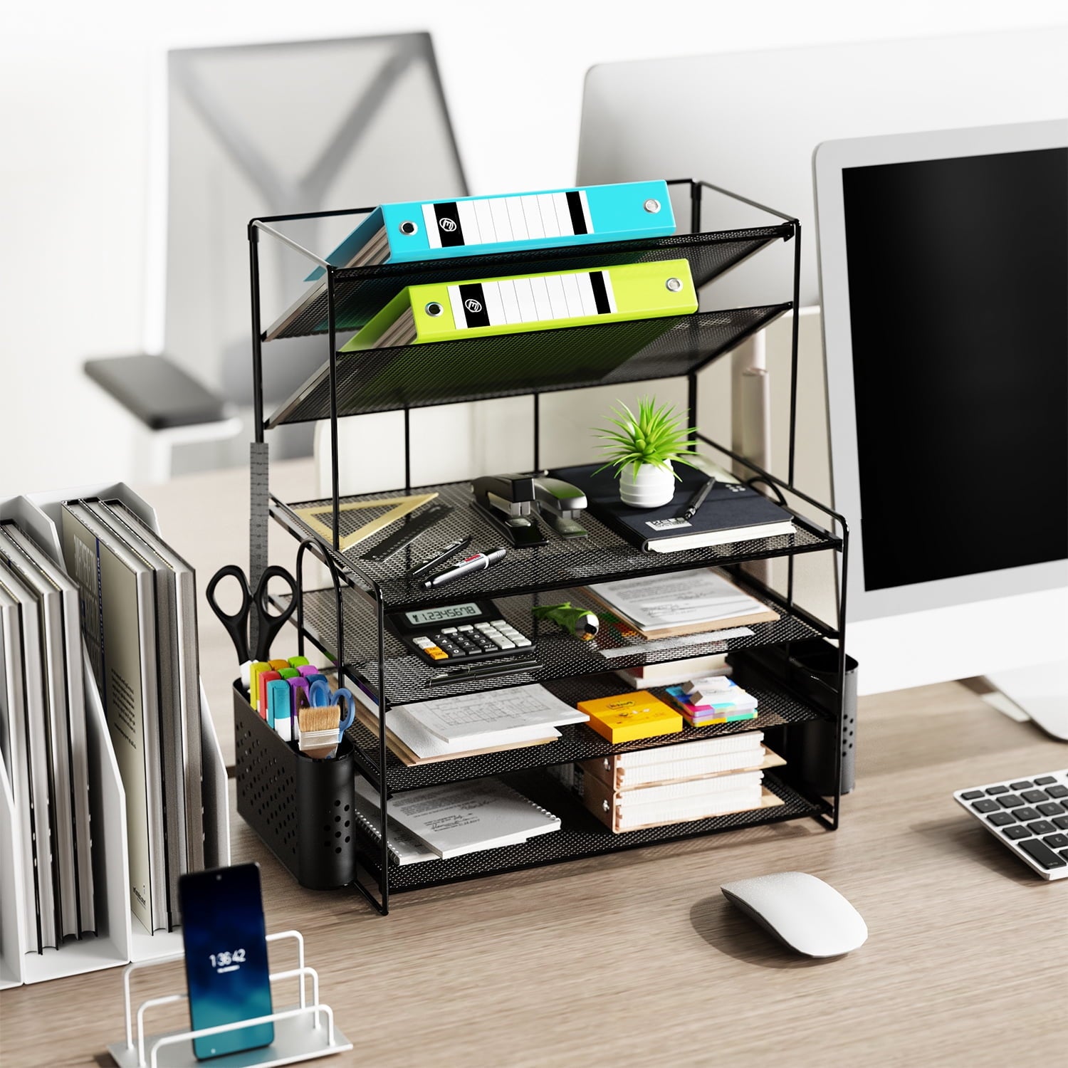 6 Tier Metal Desk File Organizer, Letter Tray Paper Organizer with Pen Holder, Black Desk Organizer - Image 3