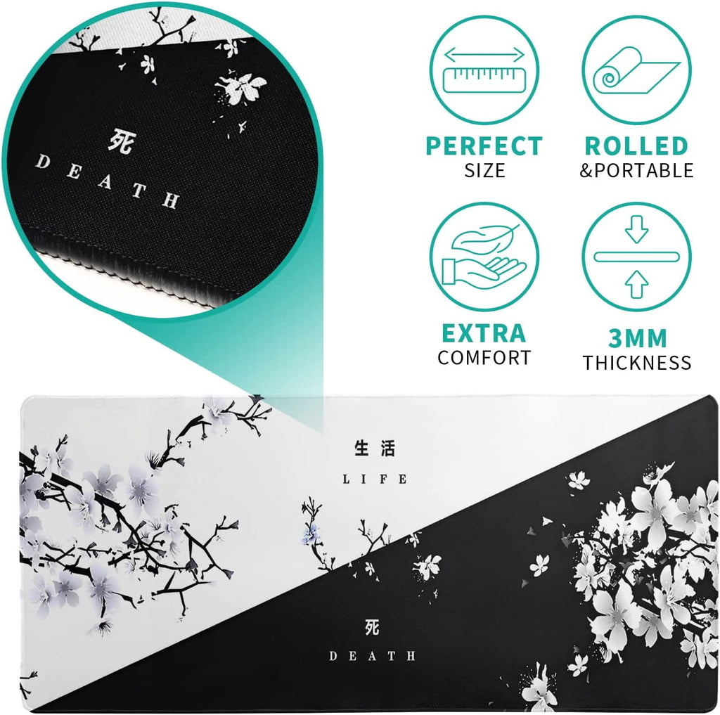 Black and White Japanese Cherry Blossom Gaming Mouse Pad Sakura Death Life Flower Mat 31.5x11.8 Inch Texture Non-Slip... - Image 5