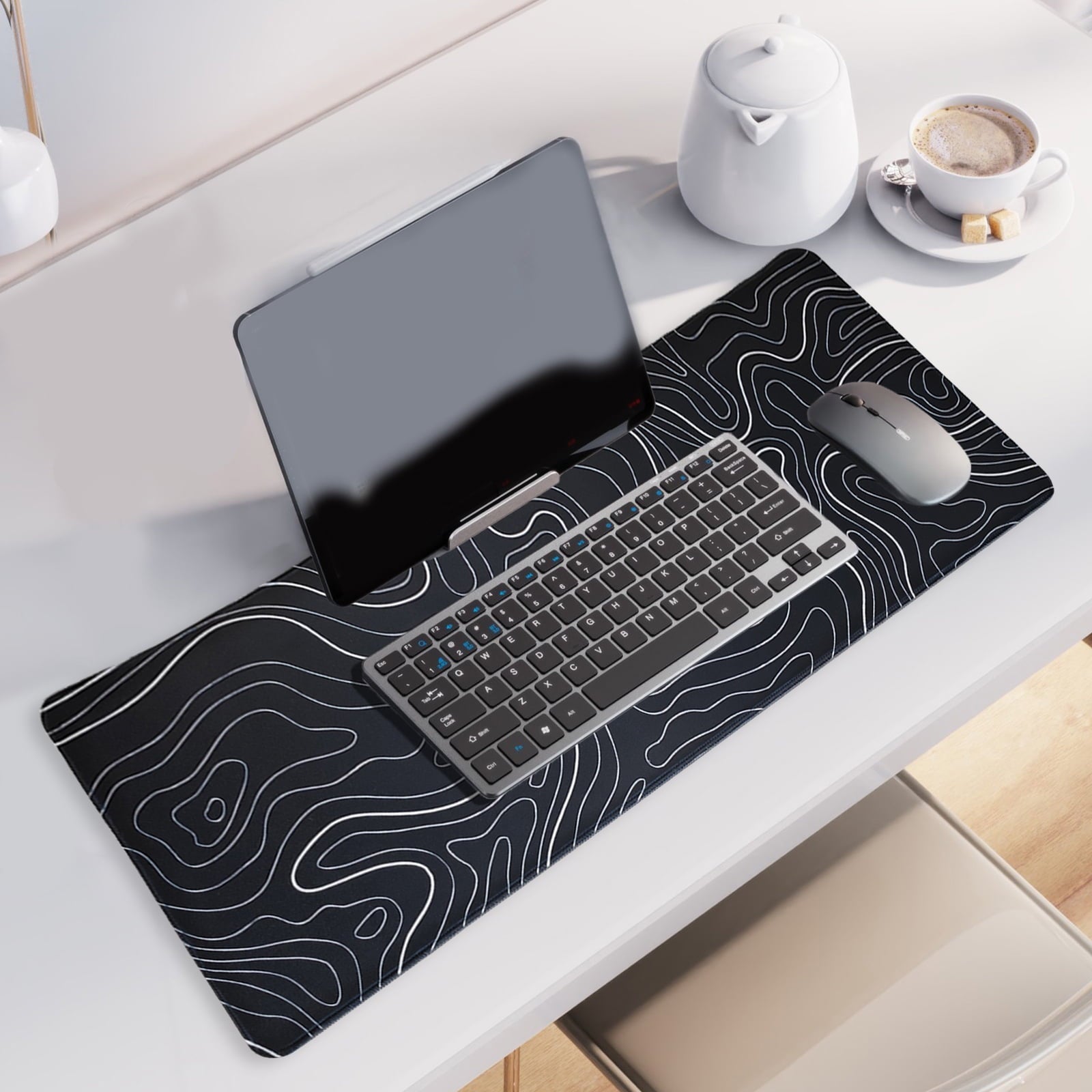 Topographic Mouse Pad 31.5 x 11.8 In, Large Keyboard Desk Pad Mat with with Non-Slip Base Stitched Edge, White and Bl... - Image 6