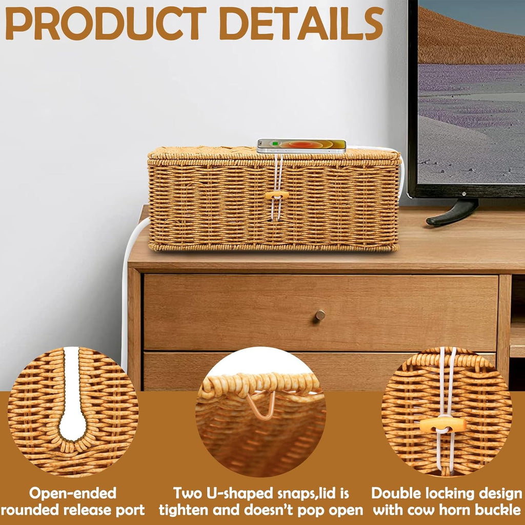 Cable Management Box, Handmade Imitation Rattan Cord Cable Organizer, Open Slots Cords Hider Box Cord Basket Under Desk Cord Organizer for C - Image 2