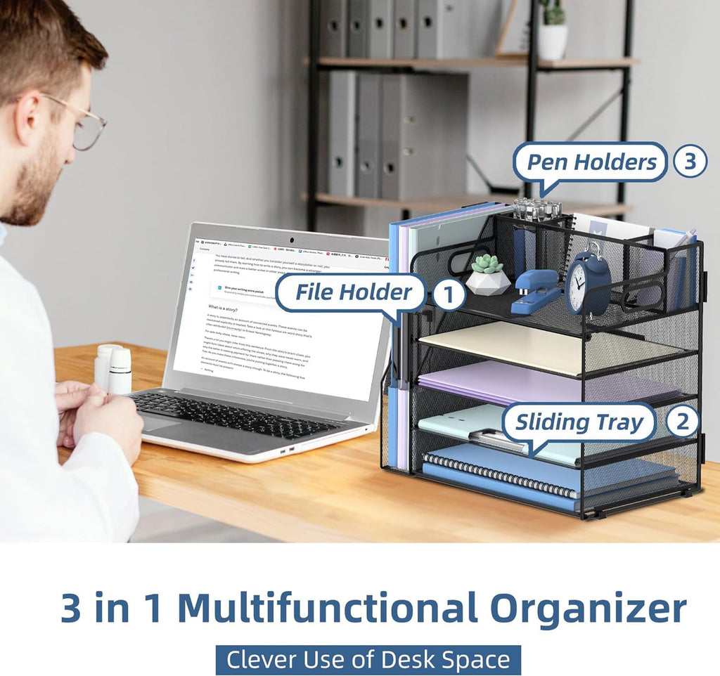 5-Tier Metal Desk File Organizer with Handle, Pen Holders and File Rack, Office supplies, Black, 1 Piece - Image 3
