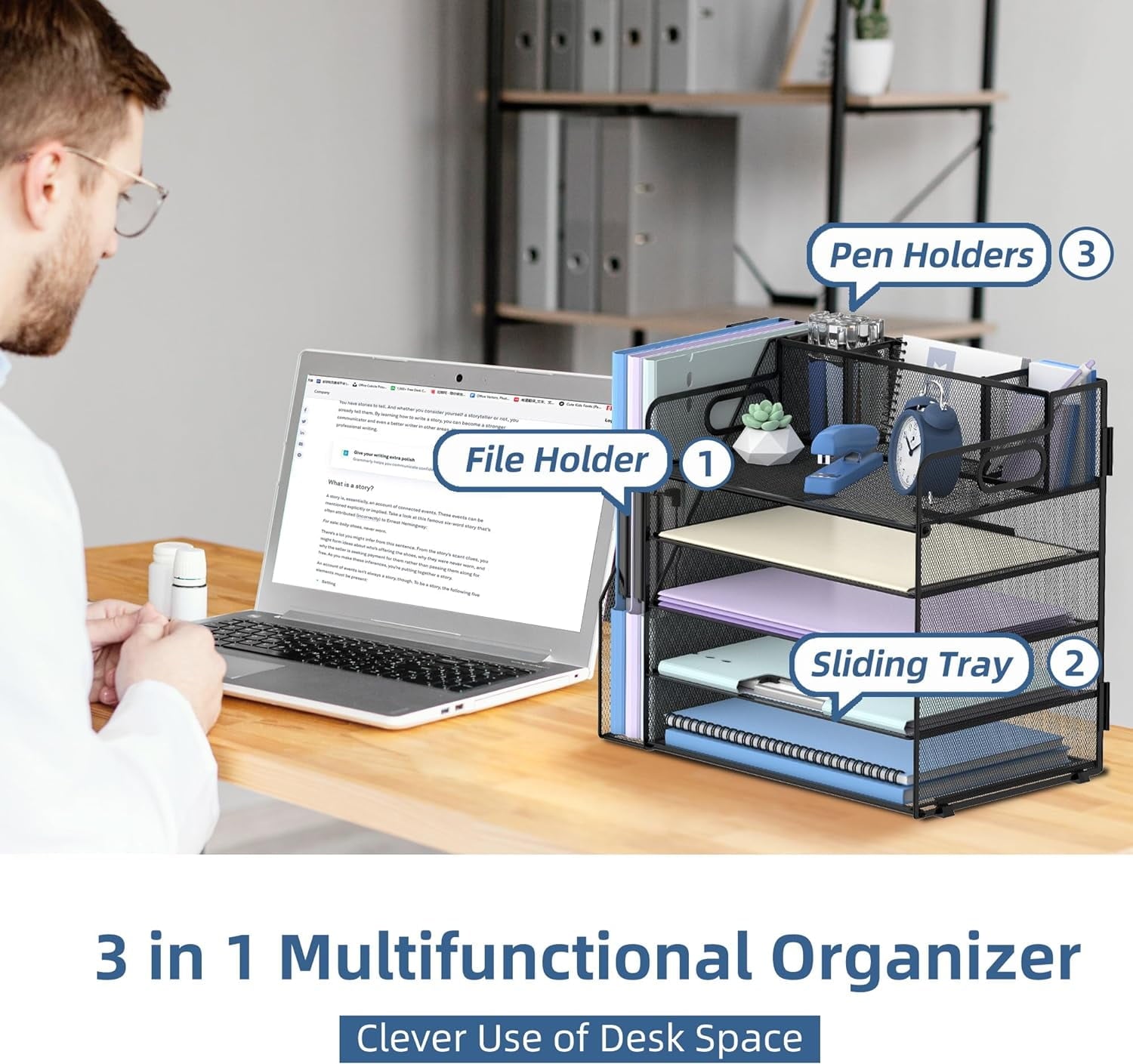 5-Tier Metal Desk File Organizer with Handle, Pen Holders and File Rack, Office supplies, Black, 1 Piece - Image 3