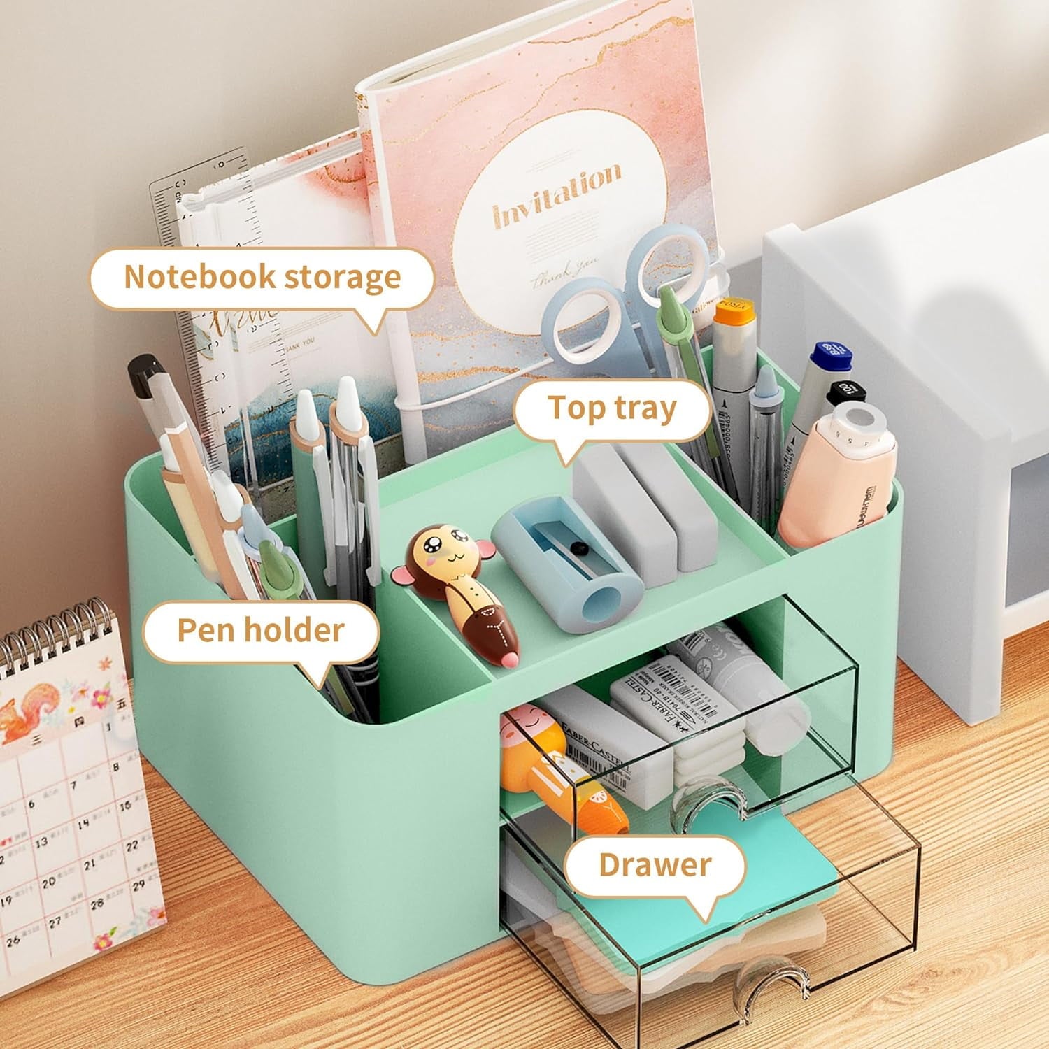 with 2 Drawer, Multi-Functional Plastic cil Holder for Desk, Desk s and Accessories with 5 Compartments (Green) - Image 4