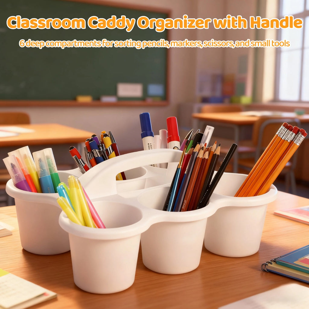 4 PCS Classroom Caddy Organizer, Plastic Desk Storage Bin with Handle, 6-Compartment Pencil Stationery Organizer, Art Supply Caddy for Class - Image 3