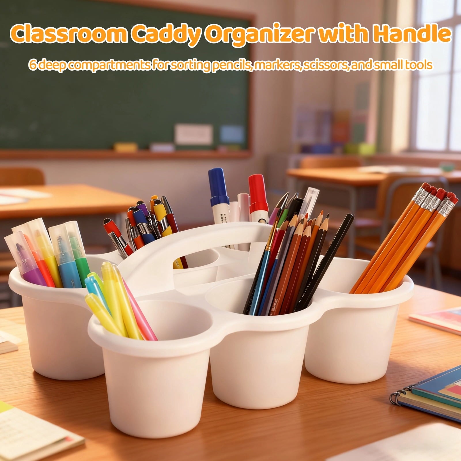4 PCS Classroom Caddy Organizer, Plastic Desk Storage Bin with Handle, 6-Compartment Pencil Stationery Organizer, Art Supply Caddy for Class - Image 3