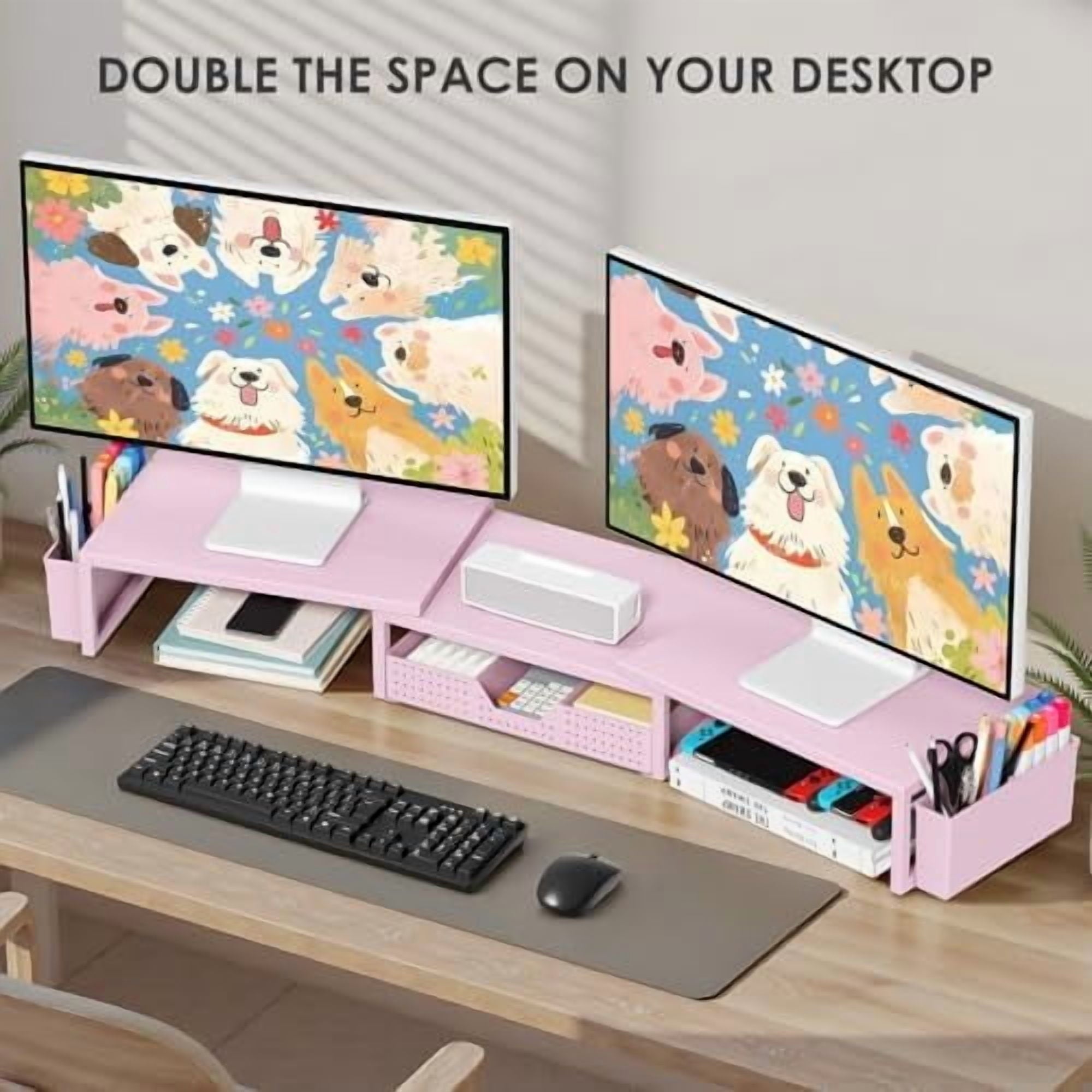 Pink Desk Organizers and Accessories for Women, Dual Computer Monitor Stand Riser with Drawer and 2 Pen Holders, Office Desk Accessories, Wo - Image 4