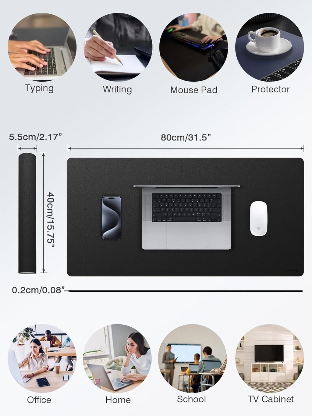 Desk Pad Protector, Office PU Leather Mouse Mat, 31.5 x 15.7, Waterproof & Non-Slip Base Large Mouse Pad for Home, Black - Image 6